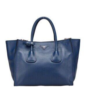 Prada triangular logo plate handbag tote bag blue leather